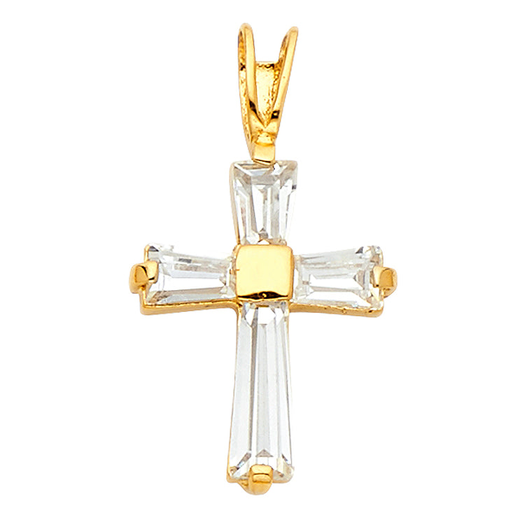 14K White Gold Fancy Cross Tapered Baguette CZ  Charm Pendant with 1.2mm Singapore Chain Necklace