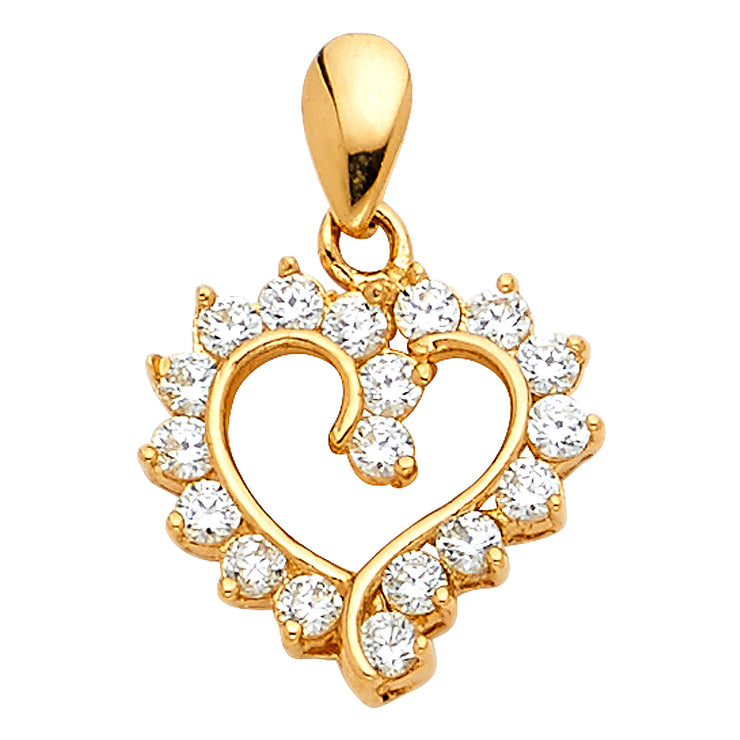 14K Gold Open Fancy Heart Round Cut CZ Charm Pendant with 1.5mm Flat Open Wheat Chain Necklace