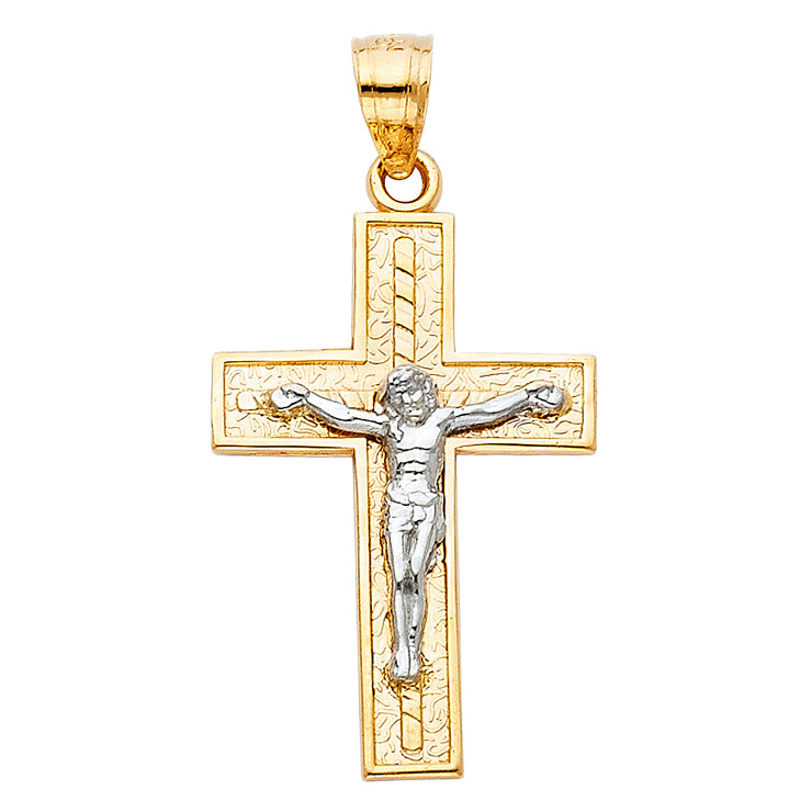 14K Gold Jesus Crucifix Cross Charm Pendant with 1.1mm Wheat Chain Necklace