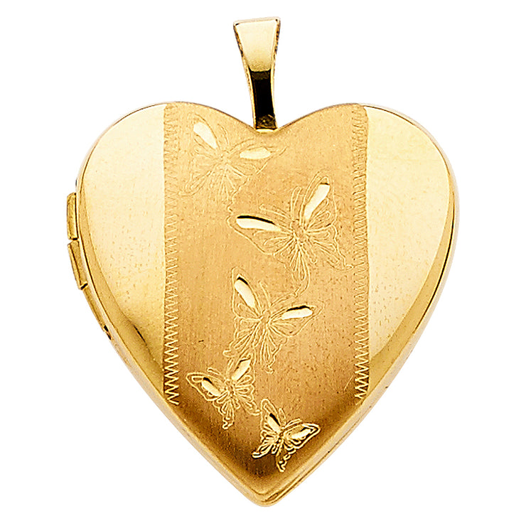 14K Gold Engraved Heart With Butterfly Locket Charm Pendant with 2mm Figaro 3+1 Chain Necklace