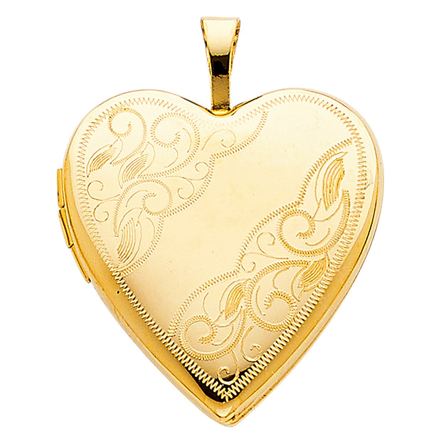 14K Gold Engraved Heart Locket Charm Pendant with 2mm Figaro 3+1 Chain Necklace