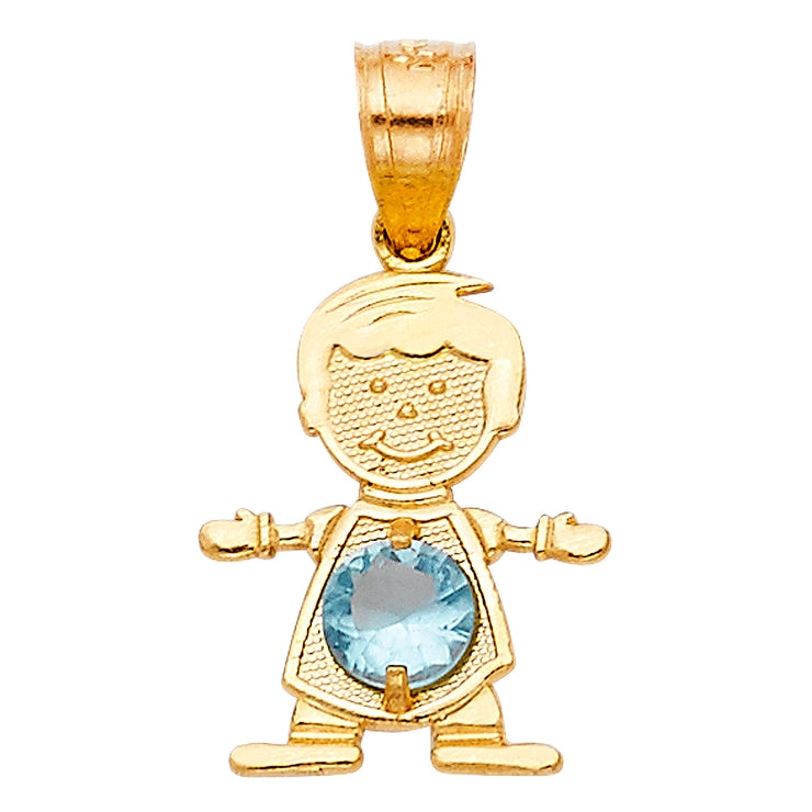 14K Gold March Birthstone CZ Boy Charm Pendant with 2mm Figaro 3+1 Chain Necklace