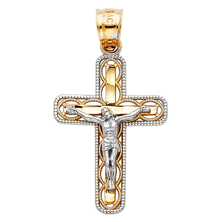 14K Gold Crucifix Cross Pendant with 1.5mm Flat Open Wheat Chain