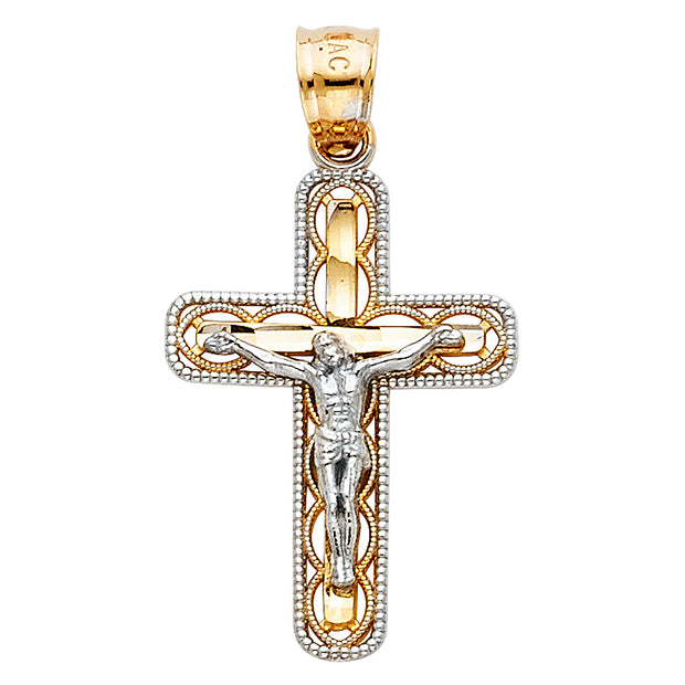 14K Gold Crucifix Cross Pendant with 2.3mm Figaro 3+1 Chain