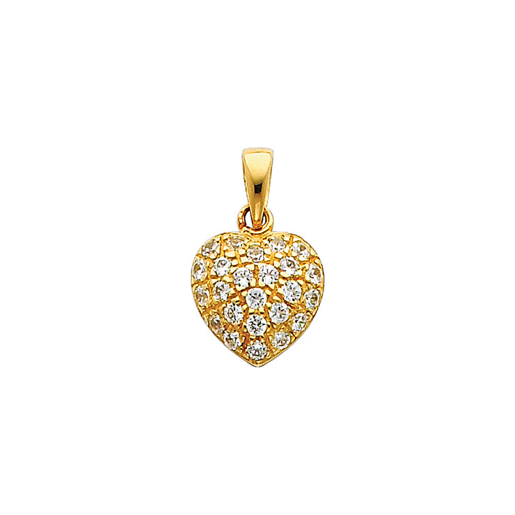 14K Gold Heart Cluster CZ Charm Pendant with 1.2mm Flat Open Wheat Chain Necklace