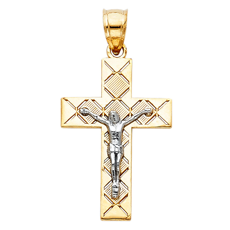 14K Gold Crucifix Cross Pendant with 1.5mm Flat Open Wheat Chain