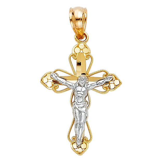 14K Gold Crucifix Cross Pendant with 2mm Figaro 3+1 Chain