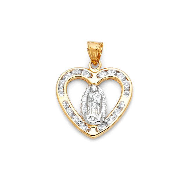 14K Gold Guadalupe CZ Religious Charm Pendant with 0.8mm Box Chain Necklace