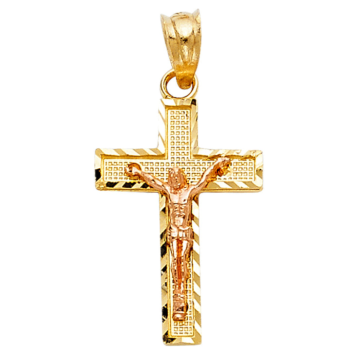 14K Gold Crucifix Cross Pendant with 1.5mm Flat Open Wheat Chain