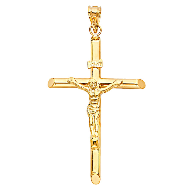 14K Gold Crucifix Charm Pendant with 1.4mm Round Wheat Chain Necklace