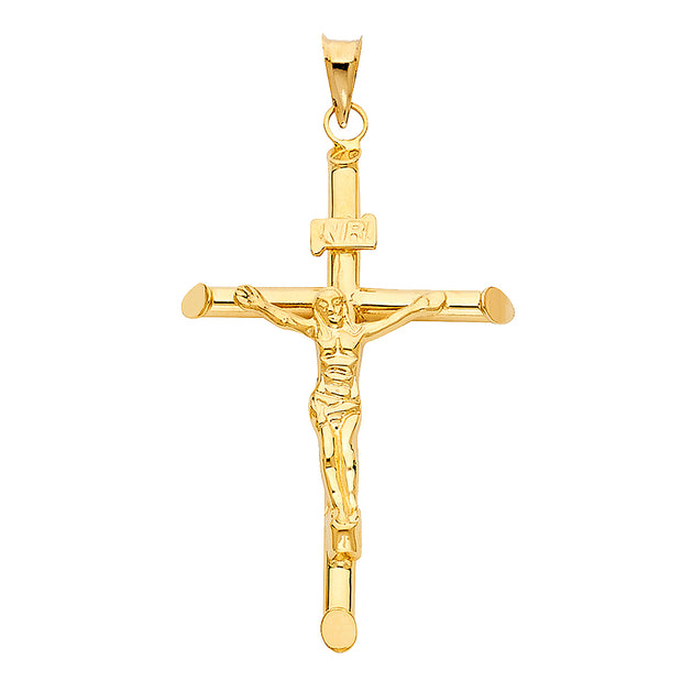 14K Gold Crucifix Charm Pendant with 1.4mm Round Wheat Chain Necklace