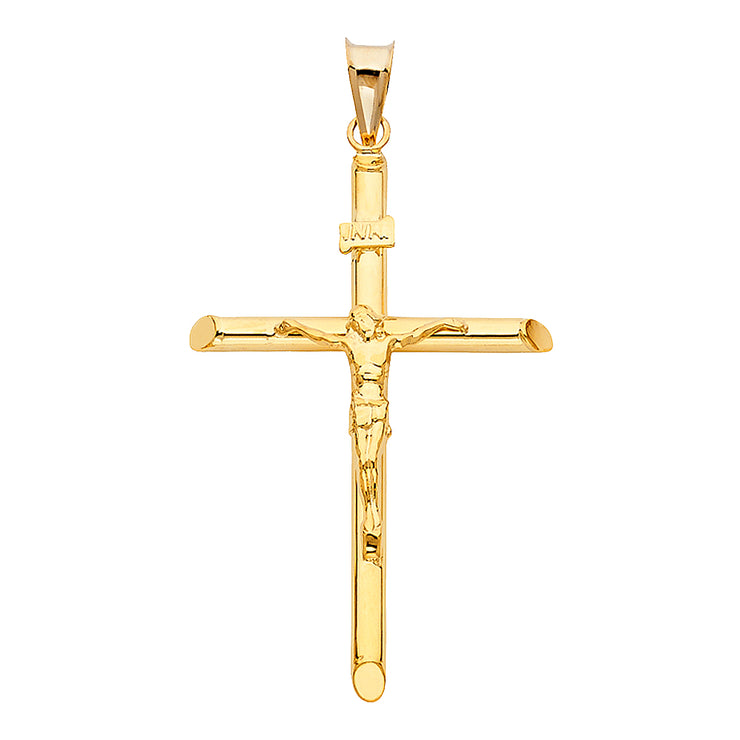 14K Gold Crucifix Charm Pendant with 1.4mm Round Wheat Chain Necklace