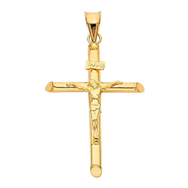 14K Gold Crucifix Charm Pendant with 1.1mm Wheat Chain Necklace