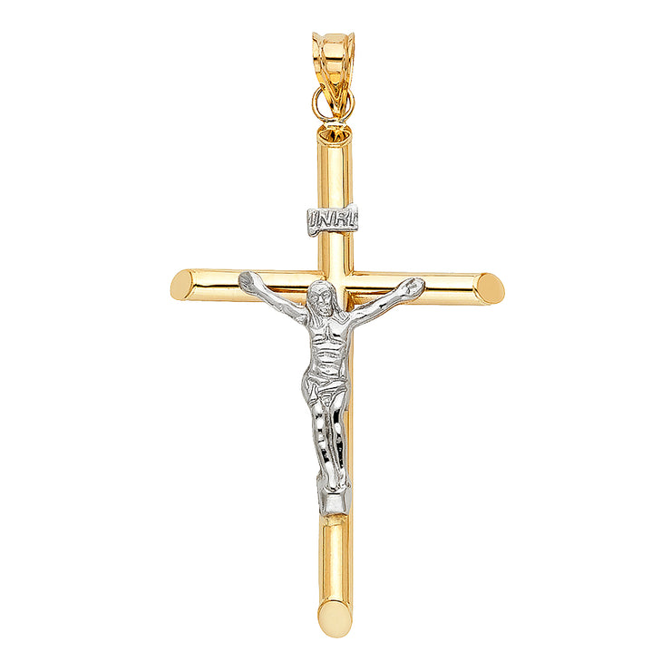 14K Gold Crucifix Charm Pendant with 1.4mm Round Wheat Chain Necklace