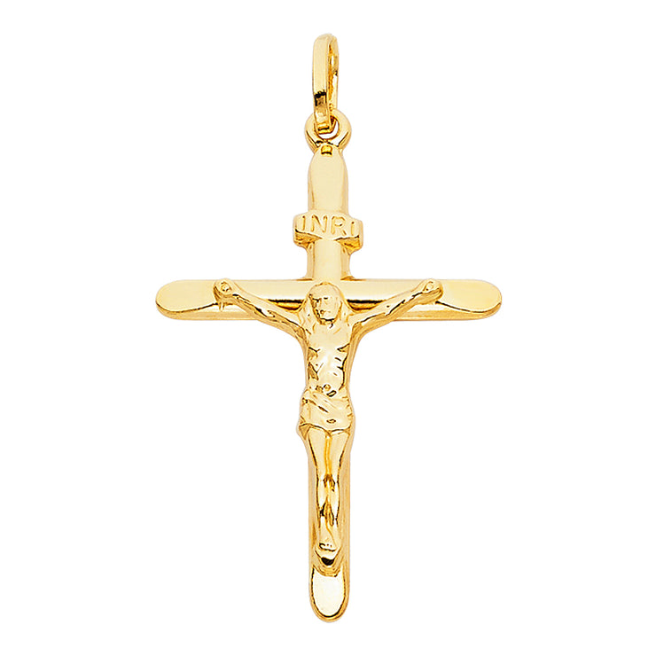 14K Gold Crucifix Charm Pendant with 1.4mm Round Wheat Chain Necklace