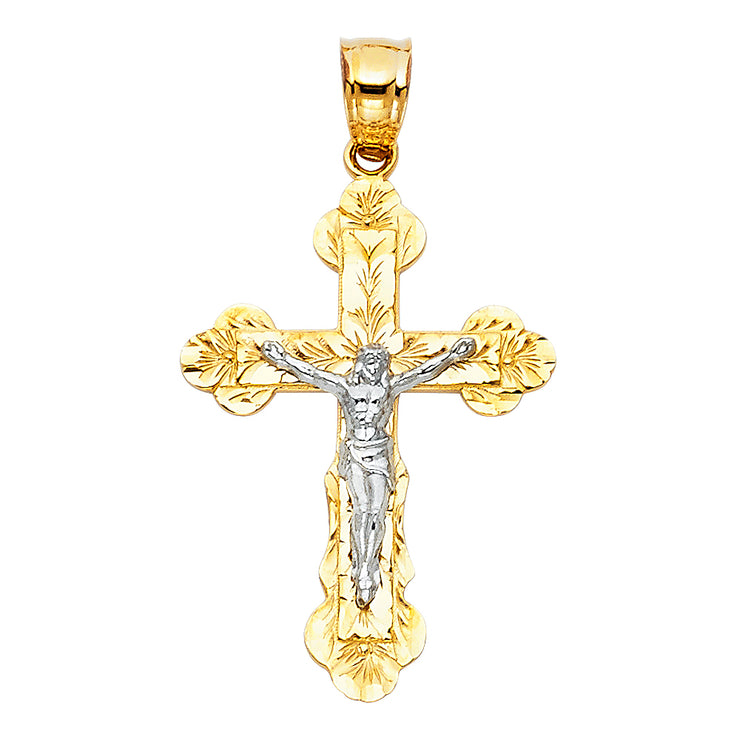 14K Gold Crucifix Pendant with 1.5mm Flat Open Wheat Chain