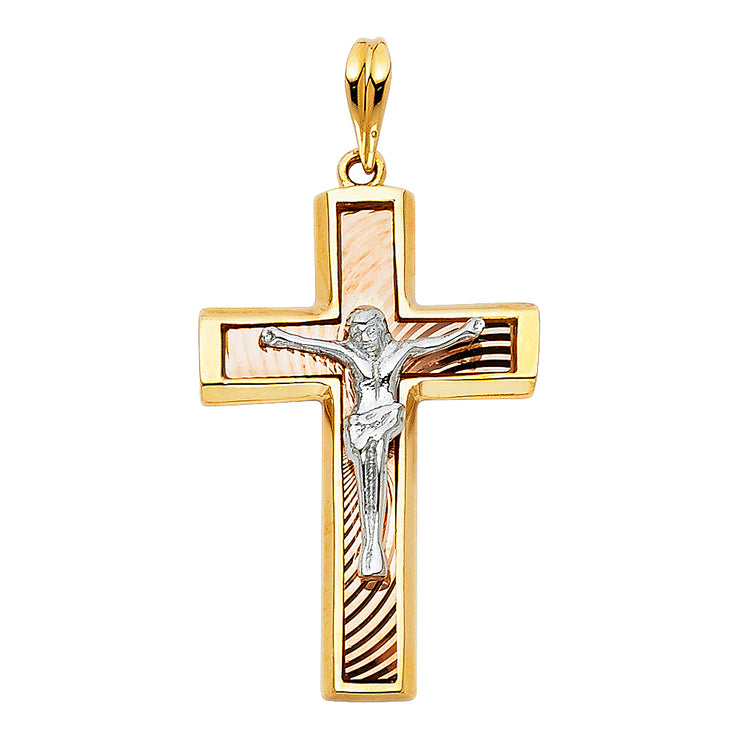 14K Gold Crucifix Pendant with 1.7mm Flat Open Wheat Chain