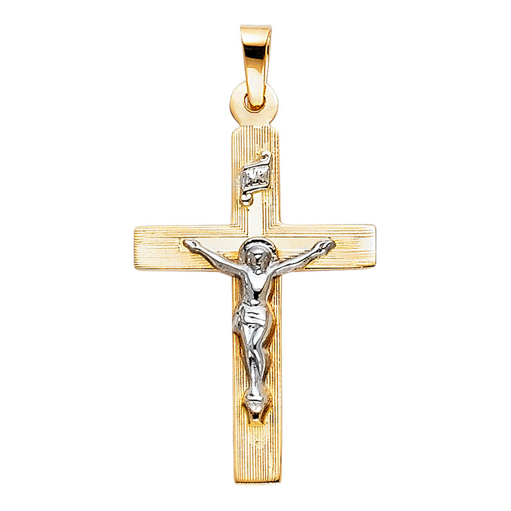 14K Gold Crucifix Pendant with 1.5mm Flat Open Wheat Chain