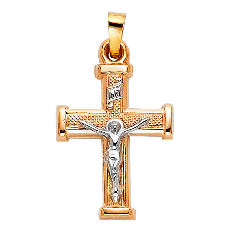 14K Gold Crucifix Pendant with 1.5mm Flat Open Wheat Chain