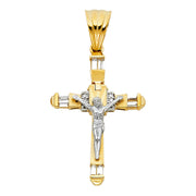 14K Gold CZ Crucifix Pendant with 1.7mm Flat Open Wheat Chain