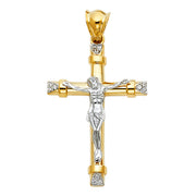 14K Gold CZ Crucifix Pendant with 1.7mm Flat Open Wheat Chain