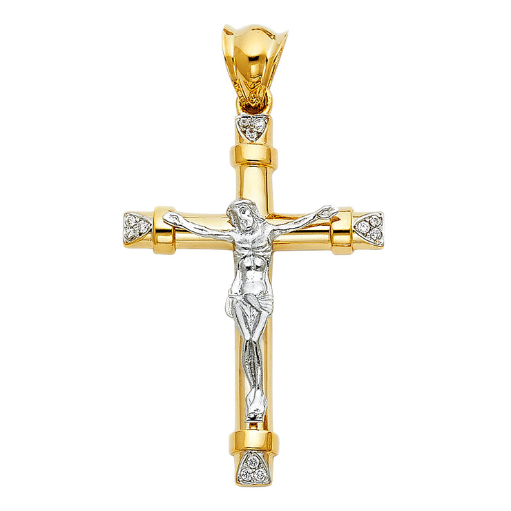 14K Gold CZ Crucifix Pendant with 3.1mm Figaro 3+1 Chain