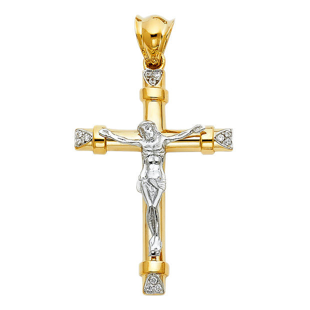 14K Gold CZ Crucifix Pendant with 1.7mm Flat Open Wheat Chain