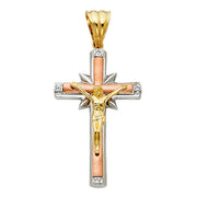 14K Gold CZ Crucifix Pendant with 3.1mm Figaro 3+1 Chain