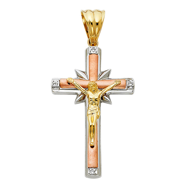 14K Gold CZ Crucifix Pendant with 3.1mm Figaro 3+1 Chain