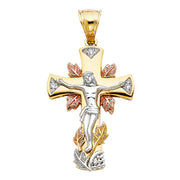 14K Gold CZ Crucifix Pendant with 3.1mm Figaro 3+1 Chain