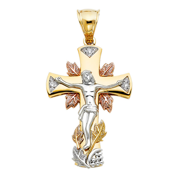 14K Gold CZ Crucifix Pendant with 3.1mm Figaro 3+1 Chain