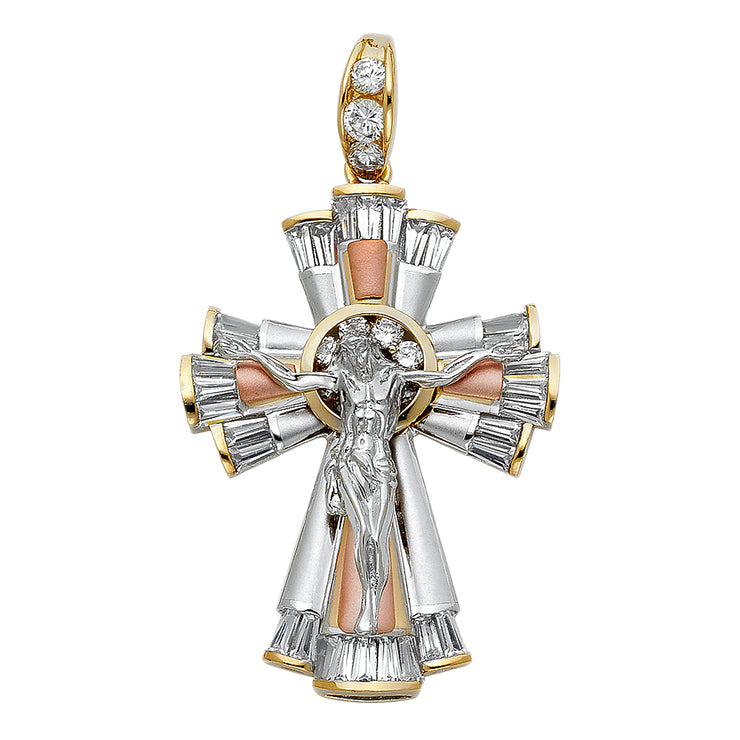 14K Gold CZ Crucifix Pendant with 3.4mm Hollow Cuban Chain