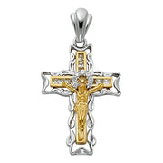 14K Gold CZ Crucifix Pendant with 1.5mm Flat Open Wheat Chain