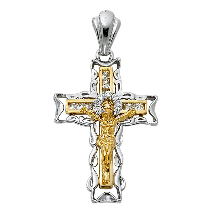 14K Gold CZ Crucifix Pendant with 1.2mm Singapore Chain