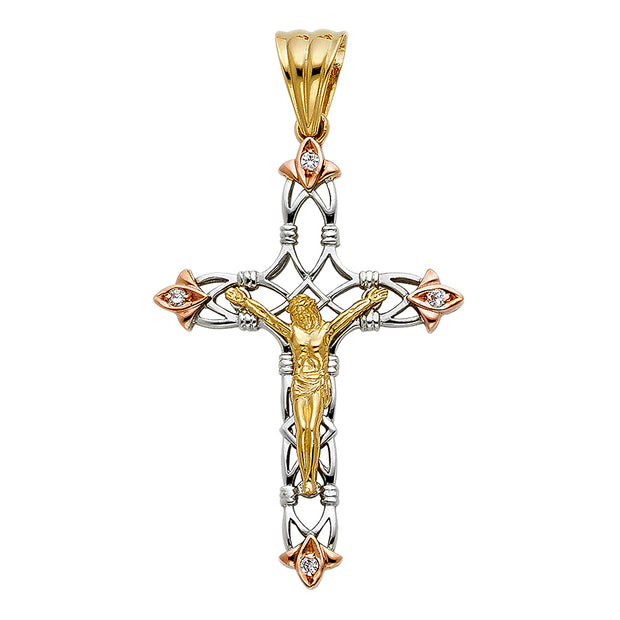 14K Gold CZ Crucifix Charm Pendant with 1.4mm Round Wheat Chain Necklace