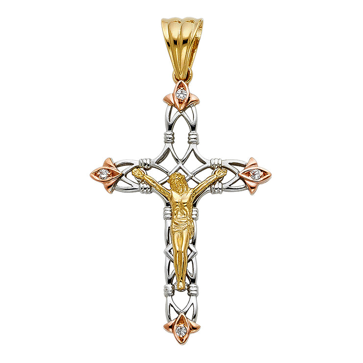 14K Gold CZ Crucifix Charm Pendant with 1.4mm Round Wheat Chain Necklace