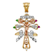 14K Gold CZ Cross of Caravaca Charm Pendant with 1.4mm Round Wheat Chain Necklace