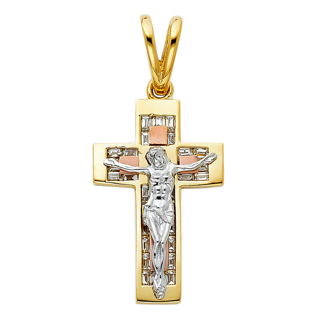 14K Gold CZ Crucifix Charm Pendant with 1.4mm Round Wheat Chain Necklace