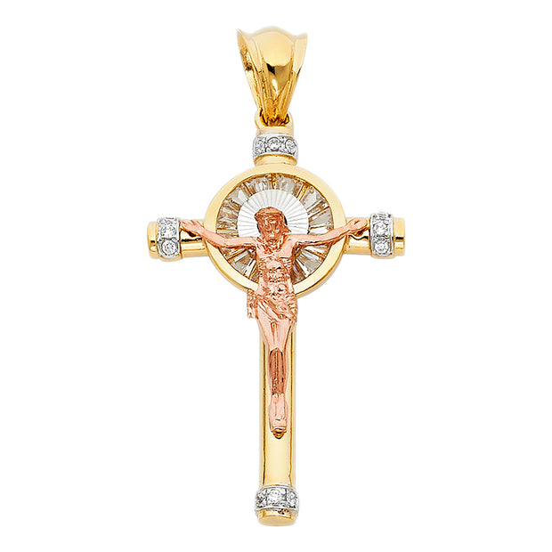 14K Gold CZ Crucifix Charm Pendant with 1.4mm Round Wheat Chain Necklace