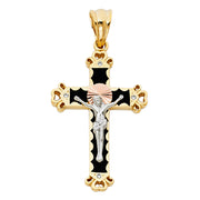 14K Gold CZ Crucifix Charm Pendant with 1.4mm Round Wheat Chain Necklace