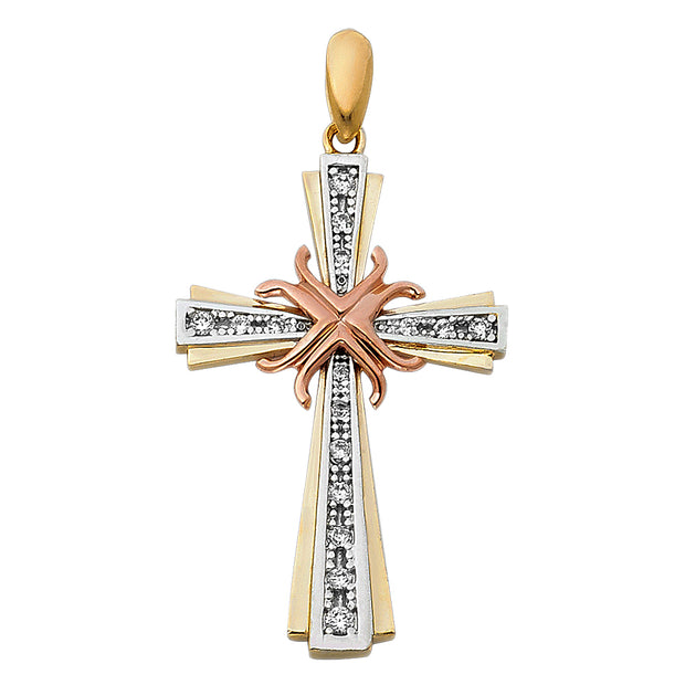 14K Gold CZ Cross Pendant with 3.1mm Figaro 3+1 Chain