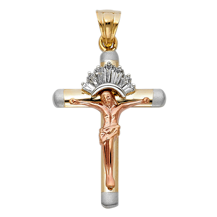 14K Gold CZ Crucifix Pendant with 3.4mm Hollow Cuban Chain