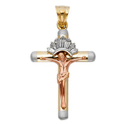 14K Gold CZ Crucifix Pendant with 3.1mm Figaro 3+1 Chain