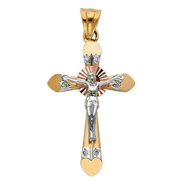 14K Gold CZ Crucifix Charm Pendant with 1.1mm Wheat Chain Necklace