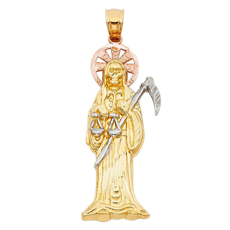 14K Gold Grim Reaper Charm Pendant with 1.1mm Wheat Chain Necklace