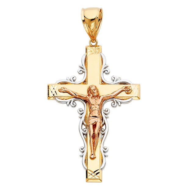 14K Gold Crucifix Pendant with 3.8mm Figaro 3+1 Chain