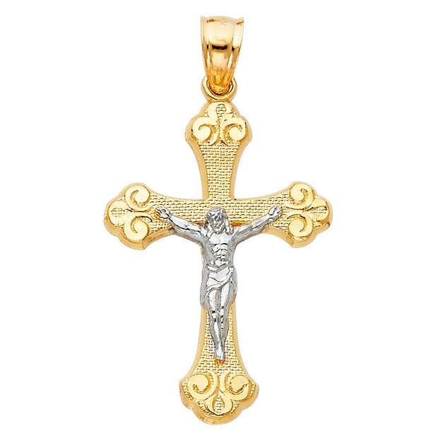 14K Gold Crucifix Charm Pendant with 1.7mm Flat Open Wheat Chain Necklace