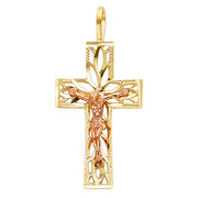 14K Gold Crucifix Charm Pendant with 1.7mm Flat Open Wheat Chain Necklace