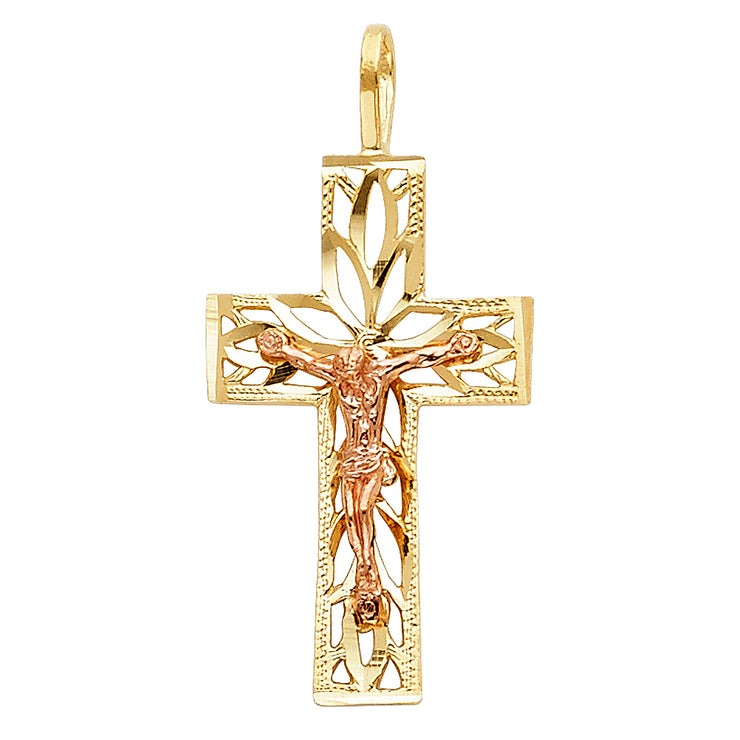 14K Gold Crucifix Charm Pendant with 1.7mm Flat Open Wheat Chain Necklace