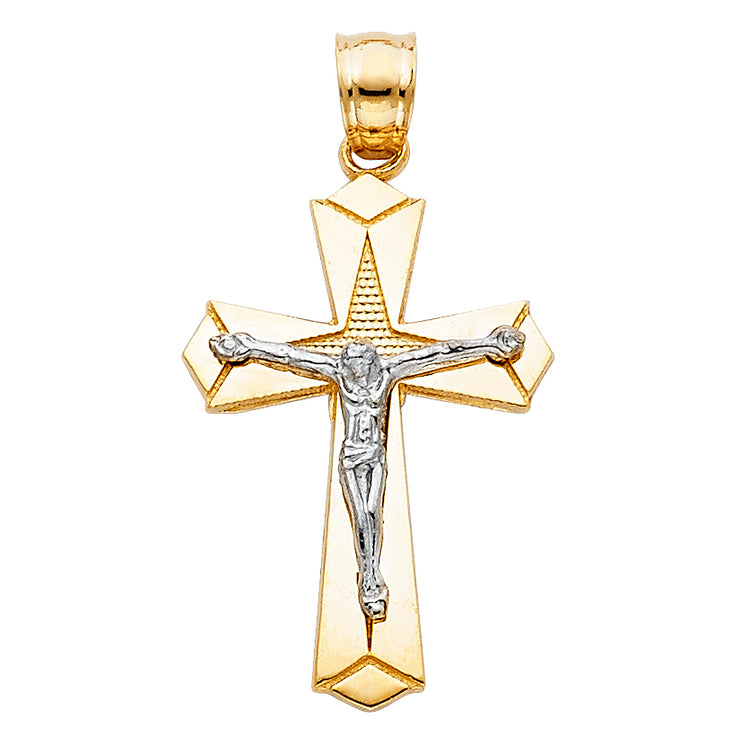 14K Gold Crucifix Charm Pendant with 1.7mm Flat Open Wheat Chain Necklace